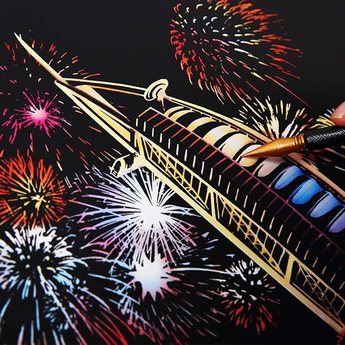 Scratch Art for Kids & Adult, Rainbow Engraving Painting Landscape Scratchboard(A4) Crafts Set: 8 Sheets 4 tools - Congress Building, Burj Al Arab, Eiffel Tower, Big Ben, Moscow(Fireworks / Building)