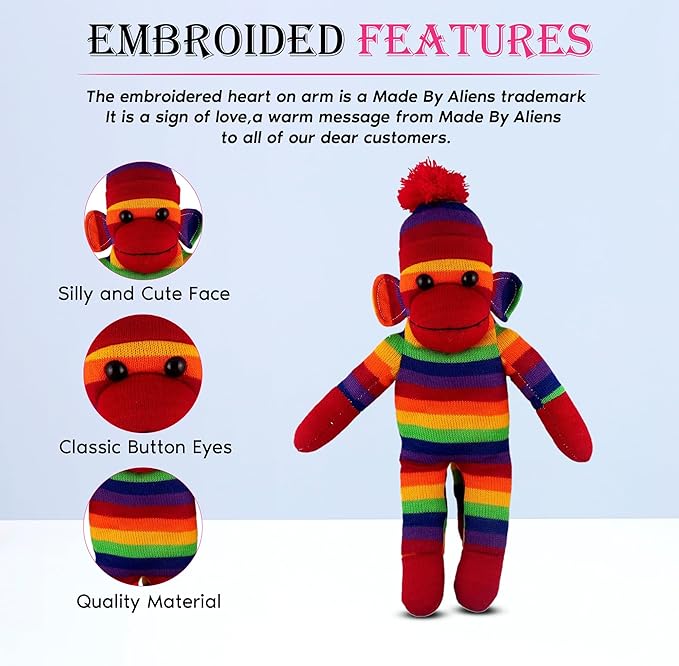 Adorable Sock Monkey, The Original Traditional Hand Knitted Stuffed Animal Toy Gift-for Kids, Babies, Teens, Girls and Boys Baby Doll Present Puppet (16" Rainbow)
