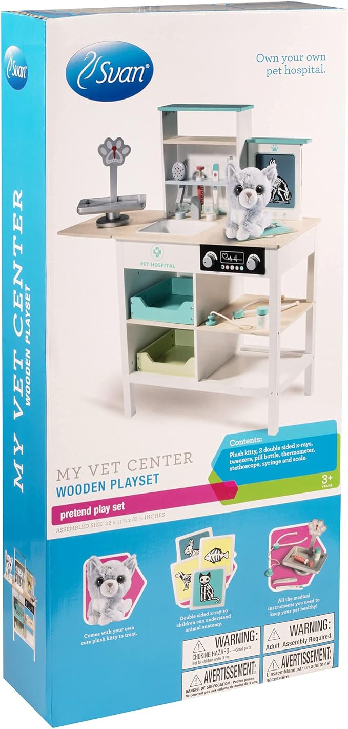 Vet Center Pretend Pet Hospital Playset- Wooden Animal Interactive Medical Checkup Set with Toy Cat, X-Ray Cards Stethoscope & Veterinarian Medical Accessories, Fun Doctor Role Play Xmas Gift for Kids