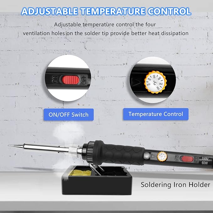 Soldering Iron Kit, 60W 110V Soldering Irons, Adjustable Temperature Soldering Welding Tool Kit with Extra 5pcs Tips, Stand, Sponge, Solder Wire