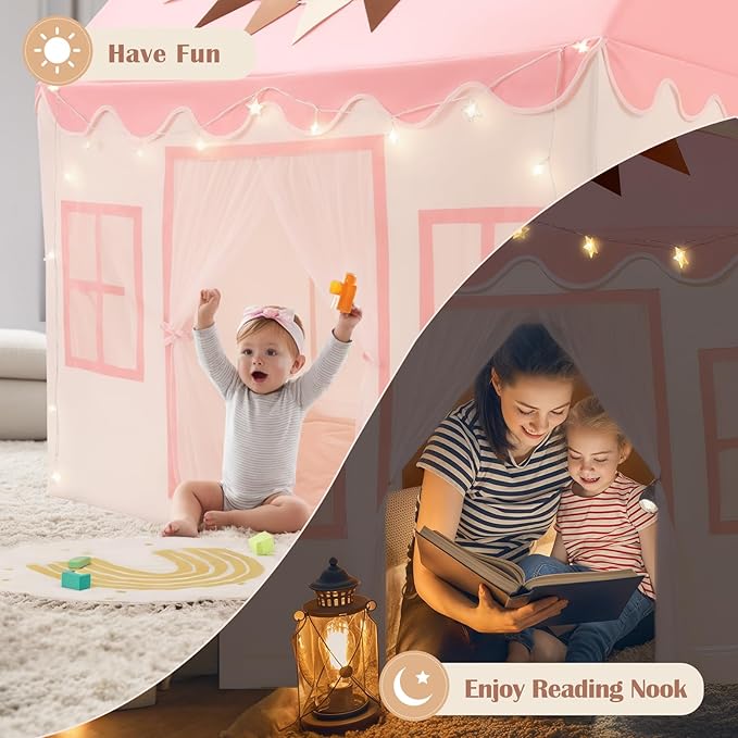 Kids Play Tent with Non-Slip Mat, Star String, Decorating Flag, Machine Washable Large Playhouse, Indoor and Outdoor Play Tent for Kids, Pink, 47" x 40" x 52"