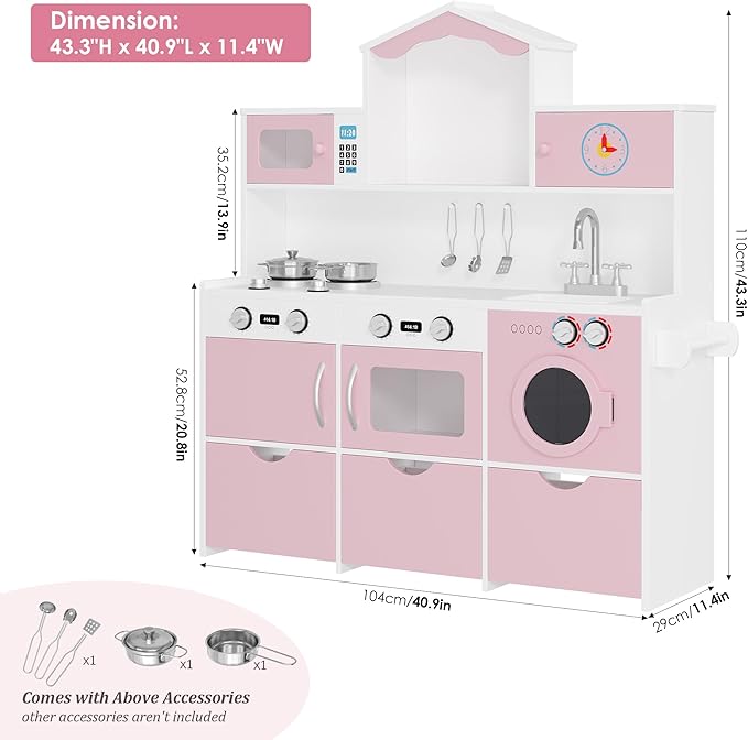 Keyluv Wooden Play Kitchen for Kids and Toddler, Montessori Toy Kitchen Playset with Plenty of Pretend Play Features and Storage Drawers, Gift for Boys and Girls, Pink