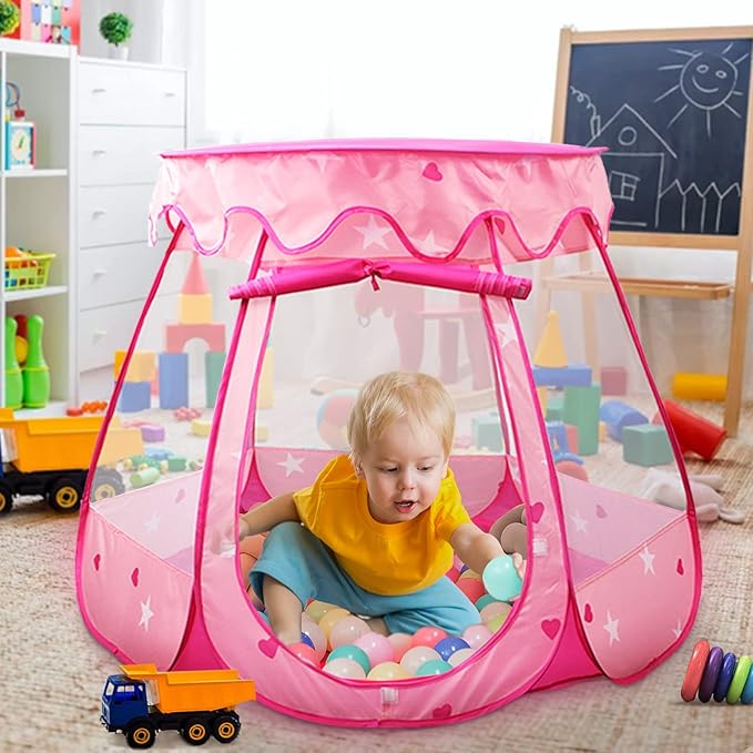 Pop Up Princess Tent with Star Light, Toys for Year Old Girl Birthday Gift, Ball Pit for Months Baby Girl Toys, Toddler Gift, Easy to Pop Up and Assemble(Pink)