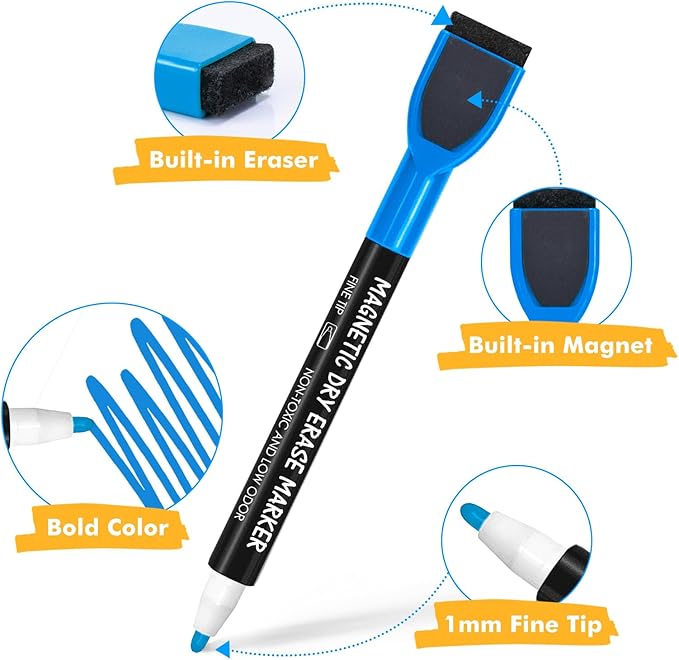 maxtek 60 Count Magnetic Dry Erase Markers, Fine Tip, 12 Colors, Low Odor Whiteboard Markers with Built-in Eraser