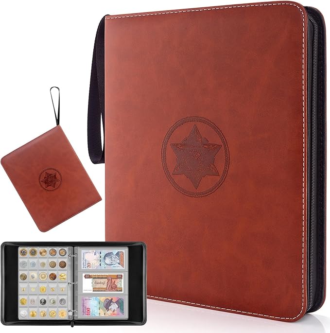 Coin Collection Book- 300 Coins Pockets+30 Bills Pockets, Coin Collection Supplies Holder for Collectors, Coin Album Binder Storage Box Case for Money Currency