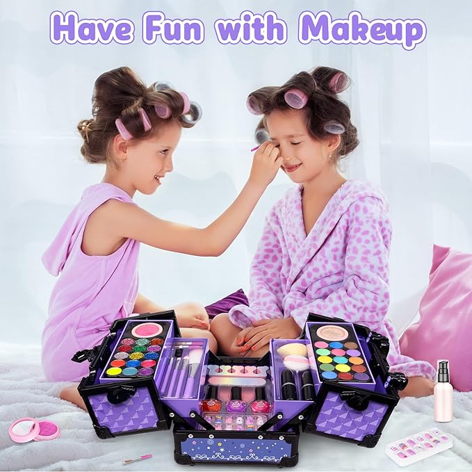 Hollyhi 59Pcs Kids Makeup Kit for Girl, Washable Play Makeup Toys Set for Dress Up, Beauty Vanity Set with Cosmetic Case Birthday Toys for Girls 3 4 5 6 7 8 9 10 11 12 Year Old Kids Toddlers (Purple)