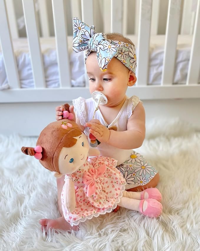 LeyaDoll Soft Baby Doll Toys (16''), My First Baby Rag Doll for 1 Year-Old Girl Birthday Gift,Christmas Plush Toys Gift for Toddler Kids Infants-Cherry