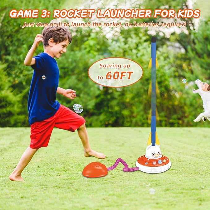 Sports Outdoors Play Set Toys - 5 in 1 Musical Jump Ring Toss Game Stomping Launch Rocket Launcher Basketball Throw for Kids - Indoor Outside Obstacle Avoidance Gifts for Toddlers Ages 4-8 8-13