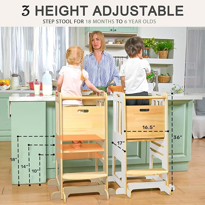 WINGYZ Toddler Kitchen Stool – Adjustable Helper Tower for Kids with Safety Rail, Wooden Standing Step-Up Stool, Sliding Door & Stable Base, Natural Wood
