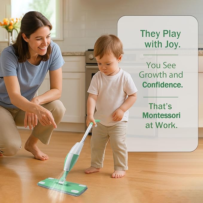 Kids Spray Mop - Toddler Cleaning Toy Set with Real Water Sprayer, 2 Washable Pads - Montessori Interactive Toy for Boys & Girls Ages 3 4 5 6