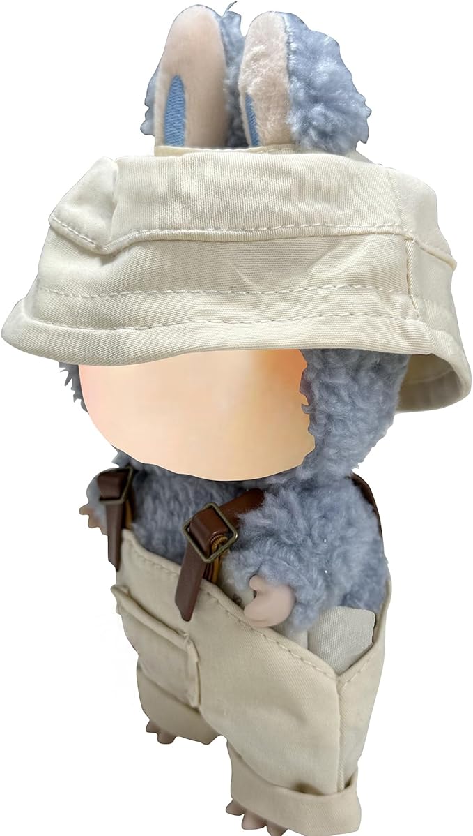 17cm Doll Clothes Set(No Doll), Hat & Overalls Set for 17cm Labubu Suit, Cute Cloth for Dress up Unique Style Dolls Outfit Stylish Clothes for Labubu (Khaki)