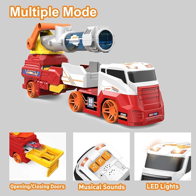 Dwi Dowellin Truck Toys for Kids, 28" Large Car Toys Include 4 Racing Cars+6 Ball, with Light & Sounds, Eejection&Shooting Transport Cars Toy, Gifts for Boys Girls-RED
