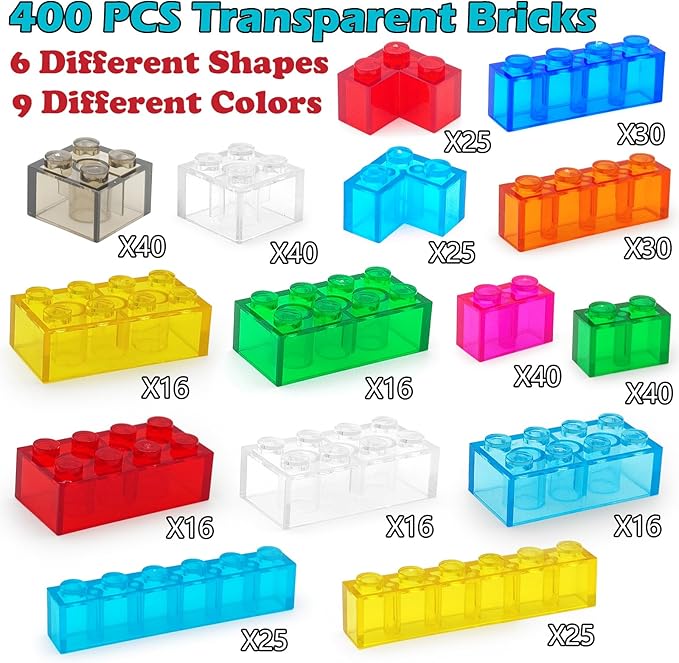 400 Pieces Translucent Building Bricks -9 Colors Crystal-Clear Classic Block Toy Fully Compatible with Major Brands Educational Construction Toy for Boys Girls 6 Years Old and Up
