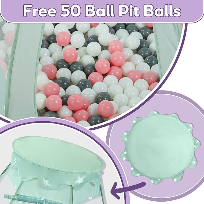 Baby Ball Pit Tent with 50 Balls - For Toddlers, Pink/White/Gray Princess Playhouse with Carry Bag, 109x90cm