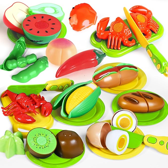 100 PCS Cutting Play Food Toy for Kids Kitchen, Pretend Food Toys for Toddlers, Play Kitchen Toys Accessories with 2 Baskets, Fake Food/Fruit/Vegetable, Birthday Gifts for 3 4 5 6 Years old Girls Boys