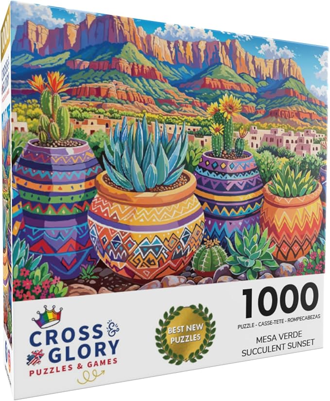 Cross & Glory - Mesa Verde Succulent Sunset - 1000 Piece Jigsaw Puzzle for Adults | Vibrant Cacti & Succulents | Satin Finish