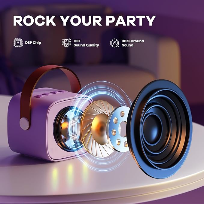 Mini Karaoke Machine with 2 Wireless Microphones, TOP Kids Gifts for Girls Ages 3, 4, 5, 6, 7, 8, 9, 10, 11, 12 +Years Old, 4-12th Birthday Toy Gift for Girls Boys Party (Purple)
