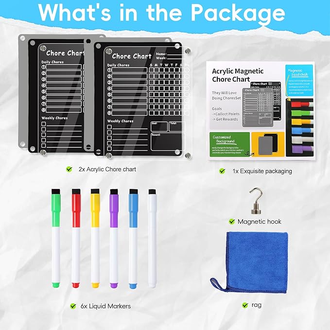 2Pcs Acrylic Magnetic Chore Chart for Kids, Chore Board, Dry Erase Chore Chart, 12"x9.5" Transparent Erasable Reward Chart for Teens and Adults Chore Checklist with 6 Markers and Towel