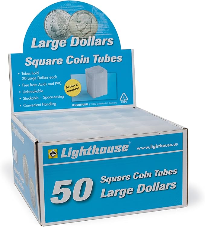 LIGHTHOUSE - Square Coin Tubes - Convenient Push Top, Virtually Unbreakable, Acid Free and Archival Quality - Coin Tubes for US Large Dollars, 50 Pack