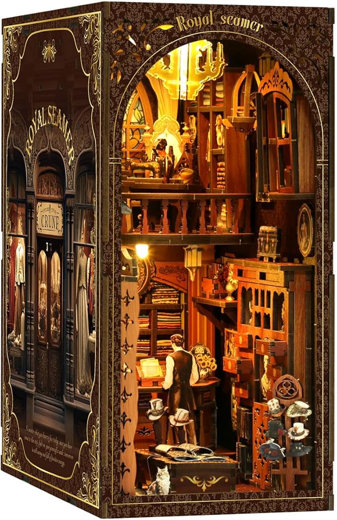 Book Nook Kit - DIY Miniature Dolls House Kit with Furniture and LED Light, 3D Puzzle Wooden Art Bookends, Model Kits for for Adults and Teens (Royal Tailor Shop)