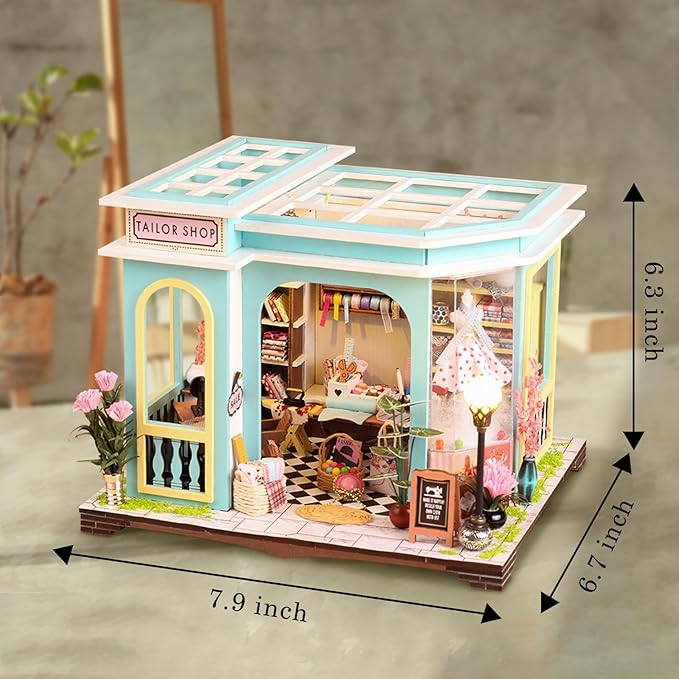 DIY Miniature House Kit,Tailor Shop Dollhouse Miniature Kit with LED & Furniture,Mini Diorama House Building Kit for Adults,3D Wooden Craft Tiny House Mini Model Kit,Home Decor Family Birthday Gifts