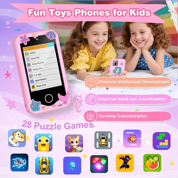 Kids Smart Phone Christmas Birthday Gifts for Boys Age 3-10 Dinosaur Toys Smart Phone 2.8" Touchscreen Built-in 32G SD Card Dual Camera 28 Learning Games Music Player MP3 Music Player