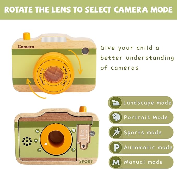 Wooden Mini Pretend Camera Toy with Real Sounds and Light for Toddlers 3 Years Old, Neck Hanging Photographed Props for Boys Girls Children Kids