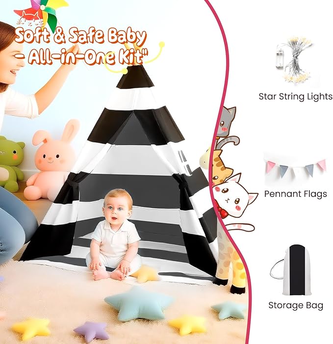 Teepee Tent for Kids with Lights, and Carry Bag, Washable Playhouse for Indoor Use, Ideal Play Tent for Girls and Boys, Stripe Black