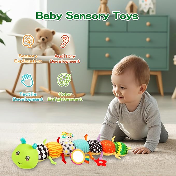 Baby Toys Musical Caterpillar for 0-12 Months, Infant Stuffed Animal with Mirror, Crinkle & Rattle, Tummy Time Toy for Newborn 3 6 9 12 18 Months, for Boys and Girls