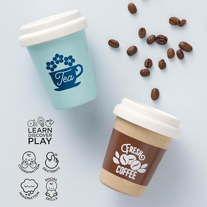 Le Toy Van - Honeybake - Take Away Coffee Cup and Tea Cup - Travel Mug Set - Kids Kitchen Accessories - Role Play Wooden Play Food - Toy Kitchen Accessories - Wooden Kitchen Toys - Age 2+ Years
