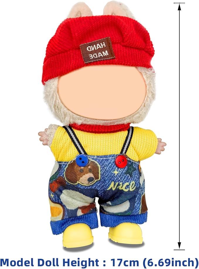 17cm Doll Clothes Set (No Doll), 4 Pieces Outfit Set for 6.7inch Dolls Suit, Fashion Clothes Accessories Dress-Up,Includes—Chic Hat+Top+Cute Overalls+ Shoes(Style B)