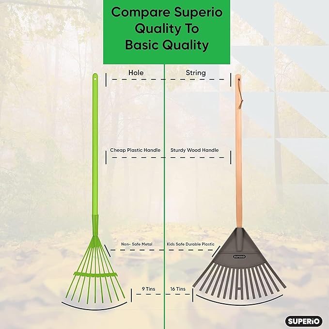 Superio Kids Garden Rakes, 2 Pack, Rakes with Wooden Handle, Plastic Head, 34" (Orange)