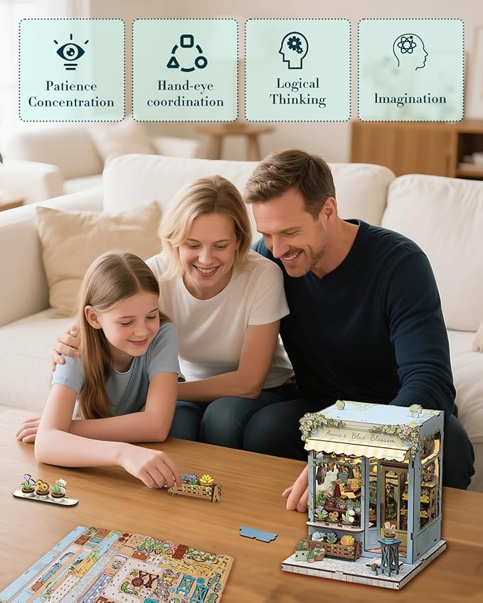 Cutefun Book Nook Kit - DIY Miniature House Kit for Adults and Teens, 3D Wooden Puzzle Mini House Building Kit with LED, Dollhouse Kit Bookshelf Insert Decor Creative Gifts (Anna's Blue Blossom)