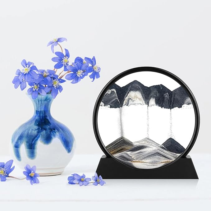Moving Sand Art Picture - 3D Quicksand Painting Decor - Round Glass 3D Deep Sea Sandscape - Relaxing Home Decoration Desk Toys for Home Office Desk Mantle Bookshelf- (Black, 12 in)