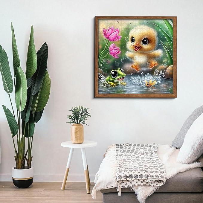 PICKFORU Summer Splash Puzzles for Adults 1000 Pieces, Cute Duck Frog Jigsaw Puzzles Lotus Flower, Challenging Impossible Animal Theme as Wall Decor