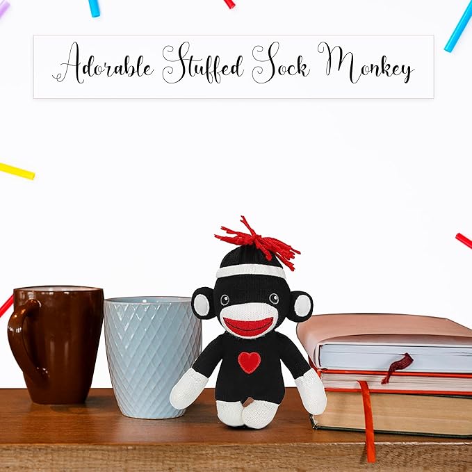 Adorable Sock Monkey 6 Inches, The Original Traditional Hand Knitted Stuffed Animal Toy Gift-for Kids, Babies, Teens, Girls and Boys Baby Doll Present Puppet (Black)