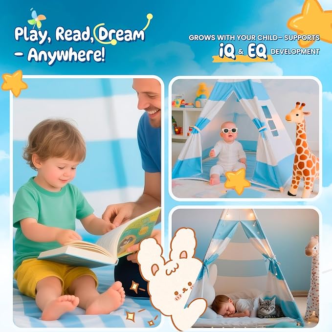 Teepee Tent for Kids with Padded Mat, Lights, and Carry Bag, Washable Playhouse for Indoor Use, Ideal Play Tent for Girls and Boys,Stripe Blue