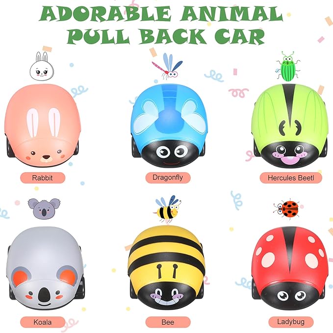 Skylety 6 Pieces Animals Pull Back Cars Sets Friction Powered Push and Go Back and Forth Vehicles Car Toys Friction Powered Vehicle Playset Toys for Christmas Gift