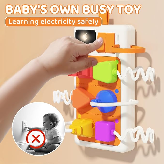 Plug Outlet Busy Board for 1 Year Old, Airplane Car Travel Toys for Baby, Montessori Power Strip Educational Toy with Light & Sounds, Best Gift for Toddlers 1-3