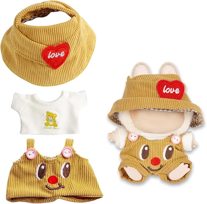 17cm Doll Clothes | Fashion Kawaii Chic Style Set for Dolls | 3-Piece Outfit with White Bear T-Shirt, Orange Romper & Orange Heart Hat (NO Doll)