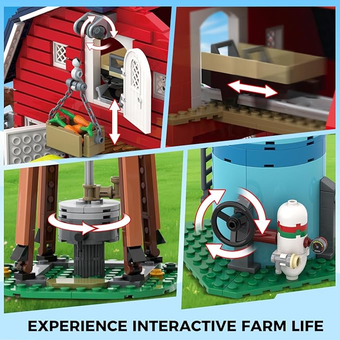 Western Farm Barn House Building Set with Lights, Newly Enhanced with Reinforced Structure, 1419 PCS Red Barn Building Toy with Animals Horse Tractor Windmill, Gift for Adults Boys Girls 10+