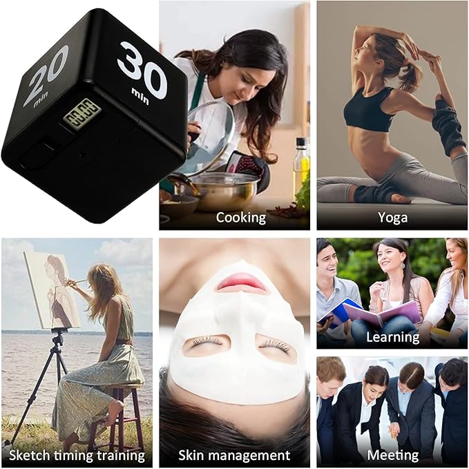 Feilifan Cube Timer - Kids ADHD Productivity Workout Flip Timer for StudyTime & Classroom - Countdown Management Settings 15, 20, 30, 60 Minutes, Black