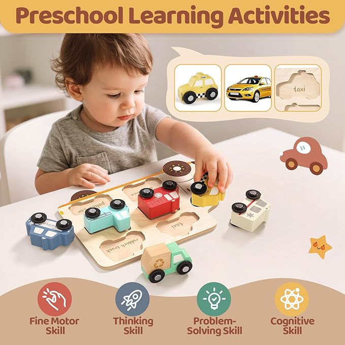 Wooden Toddler Puzzles,Montessori Puzzle for Toddlers 1-3,Montessori Toys for 1 2 3 Years Old Boys Girls Educational Toys with 6 Emergency and City Vehicles,Wooden Toy Cars for Toddler 1-3