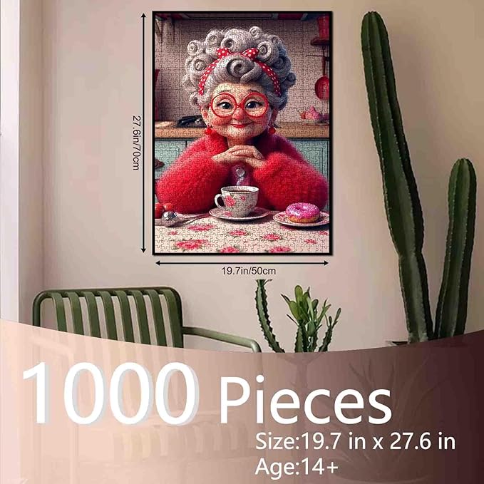 Grandma in Retro Kitchen Puzzles for Adults 1000 Pieces Coffee and Donut Jigsaw Puzzles for Game Nights Granny Jigsaw Puzzle for Challenging Family Activity Game DIY Craft Puzzle Home Decor Gifts