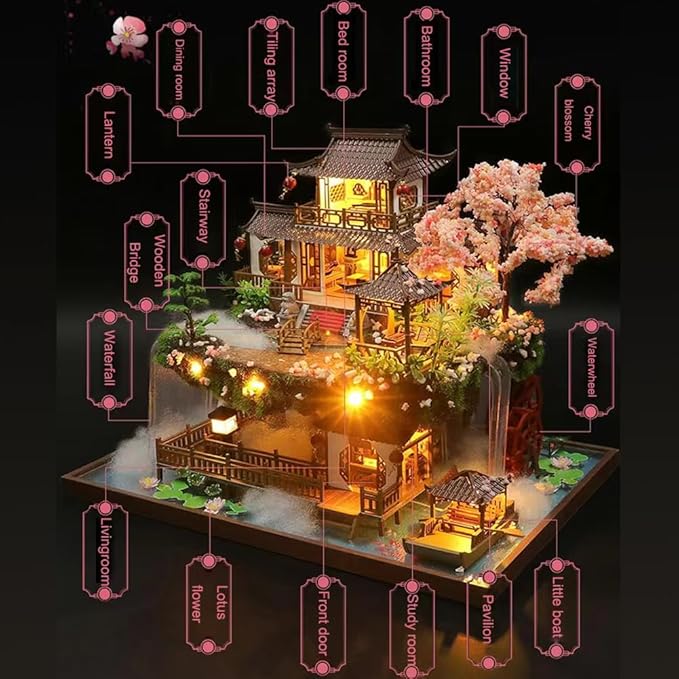 Yuzhen DIY Miniature Dollhouse with Furniture and LED Lights, Large Ancient Style Wooden Dollhouse Includes Dustcover and Music Movement