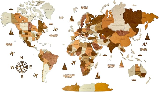 Wooden World Map 3D Art Large Wall Decor - Size (M, L, XL) Any Occasion Gift Idea - Wall Art For Home, Kitchen or Office
