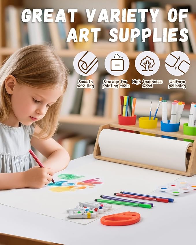 Paper Roll Dispenser for Kids Art Tabletop Easel with Blank & Patterned Paper Rolls, 12 Pigments, Drawing Tools, Pen Cups Craft Station for Kids Ages 3-8 in Home, Classroom