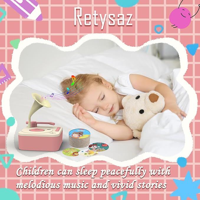 Retysaz Kids Phonograph with 96 Cards, Story Music Player Kids 3-6 Musical Sensory Toy boy Girl,Toddler Audio Pre-Kindergarten Toy Early Childhood Education Gift Birthday （Pink）…