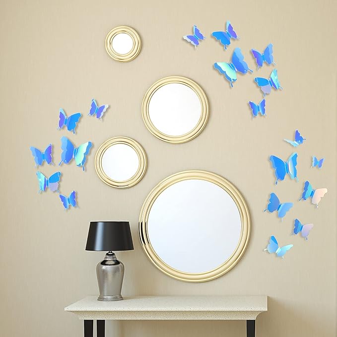 BBTO 48 Pieces Butterfly Wall Decor DIY Mirror 3D Butterfly Stickers Removable Decals for Home Bedroom School Bathroom Living Room Decor(Blue)