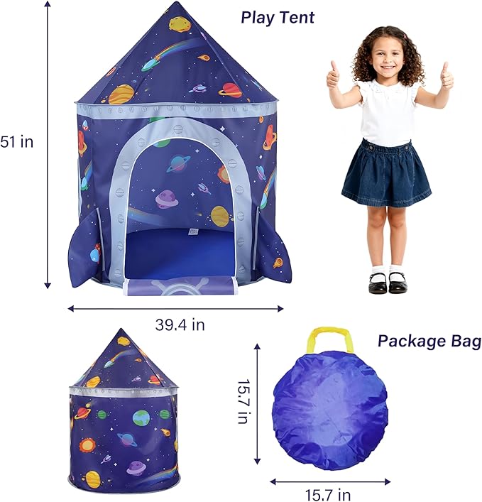 TTLOJ Rocket Space Ship Kids Play Tent Gift, Toddlers Playhouse Castle Toys, Baby Boys Girls Gift for 3 4 5 6 7 Year Old, Outdoor Indoor Teepee Tent